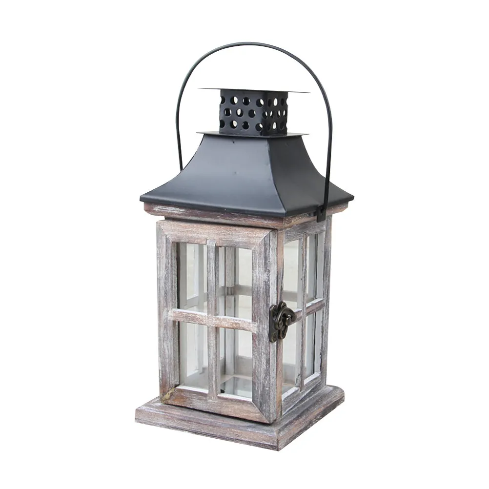 1Pcs Vintage Metal Lanterns Wall Hanging for Indoor Outdoor Decoration Candlestick Wooden Lanterns