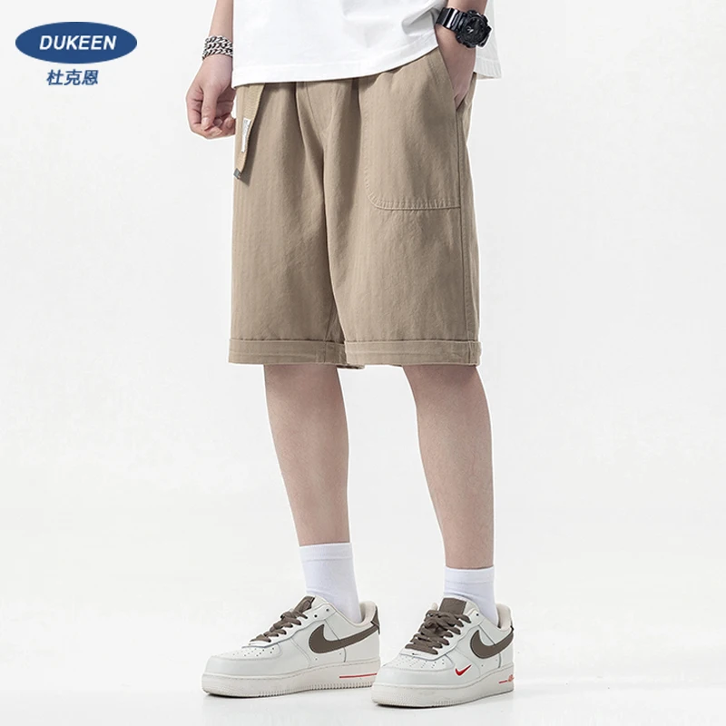 DUKEEN Work Style Shorts Men\'s Summer Loose Casual Pants Elastic Waist Middle Pants Khaki Five Pants Men
