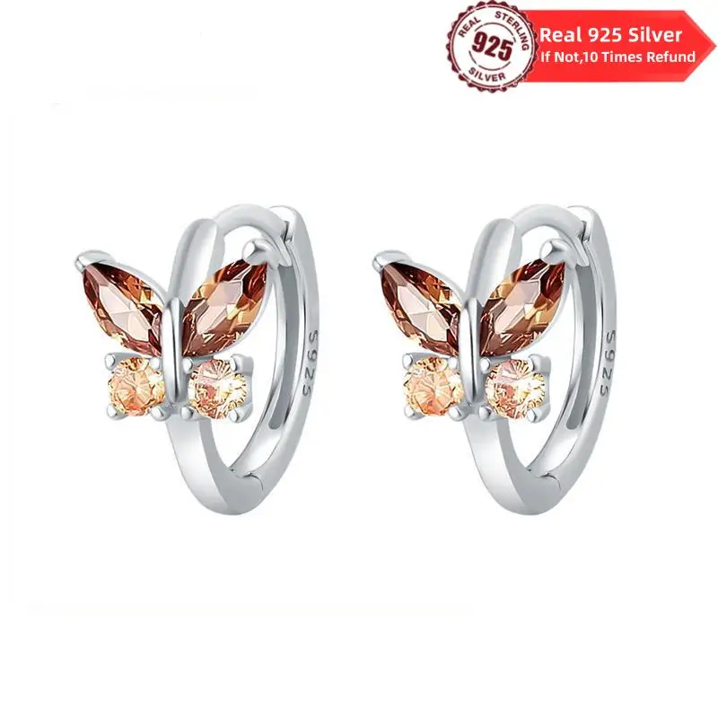 100% Real 925 Sterling Silver Brown Butterfly Earrings Zircon Jewelry Sparkling Original Ear Studs for Women Jewelry Gifts