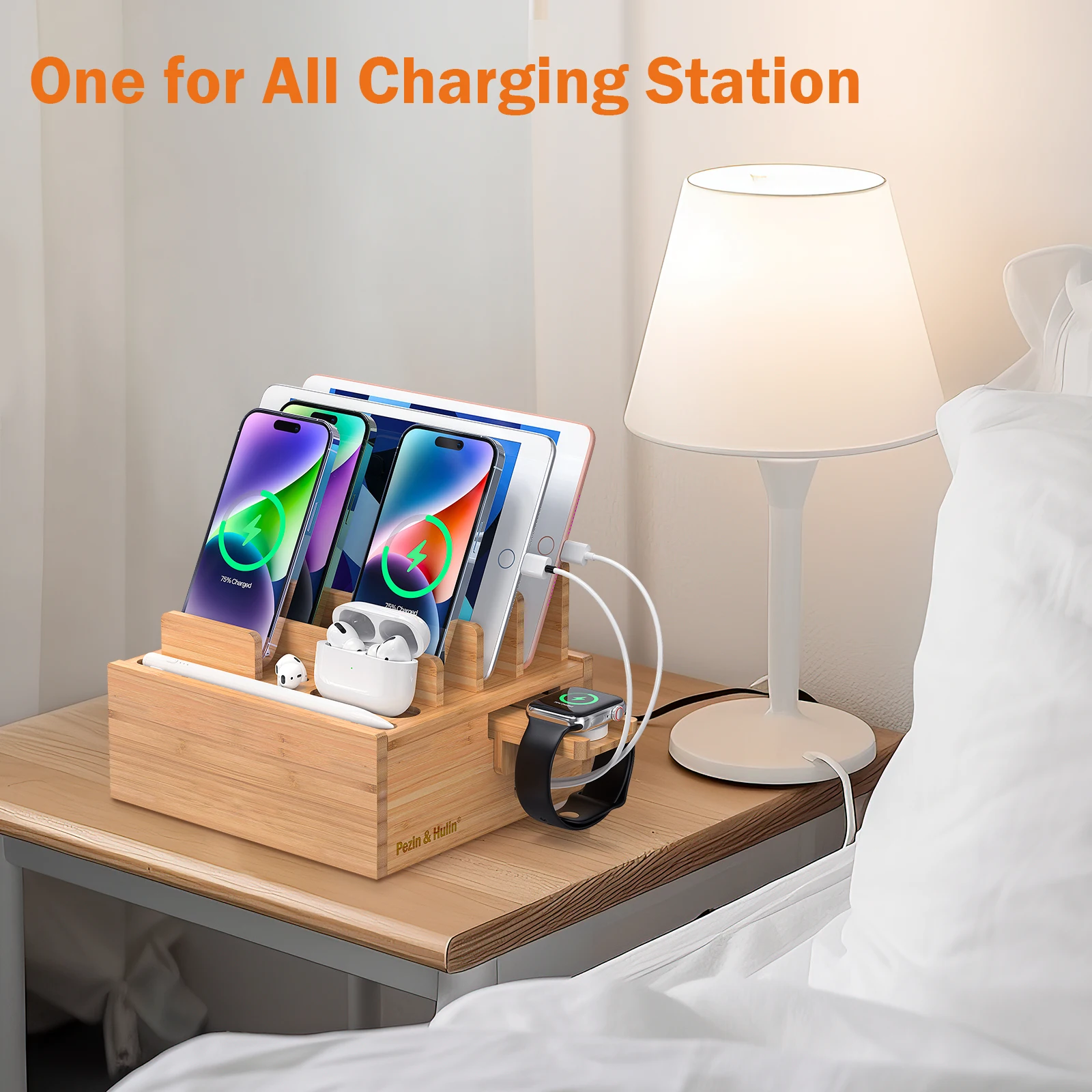 Bamboo Charging Station for Multiple Devices, Desktop Docking Stations Holder for Cell Phone, Tablet, SmartWatch & Earbuds Stand