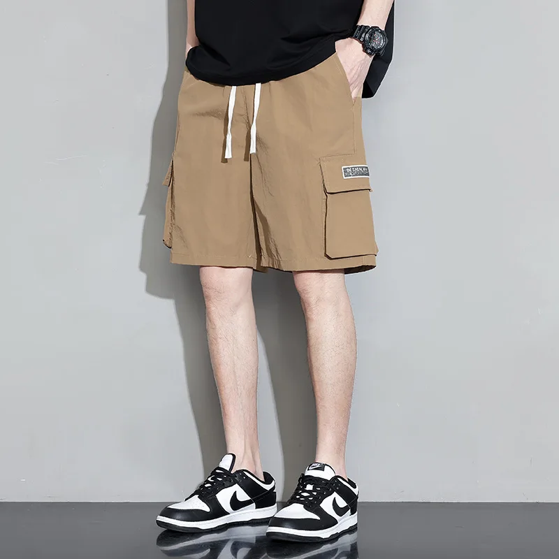 Safari Style Solid Color Knee Pants Summer Sports Stylish Pockets Spliced Men's Clothing Young Style Drawstring Casual Shorts