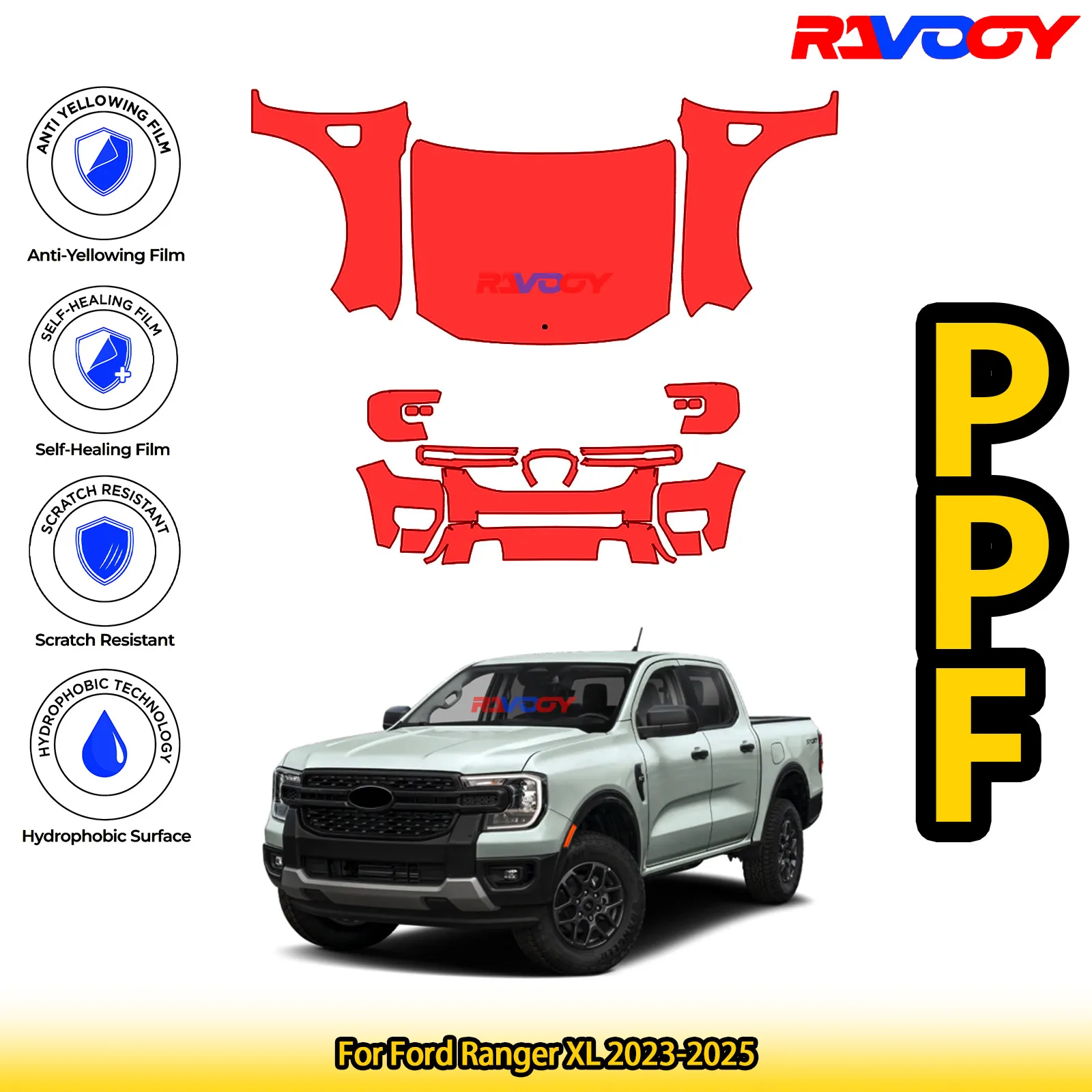 

Для Ford Ranger XL 2023-2025 глянцевая матовая черная предварительно вырезанная передняя защитная пленка PPF комплект