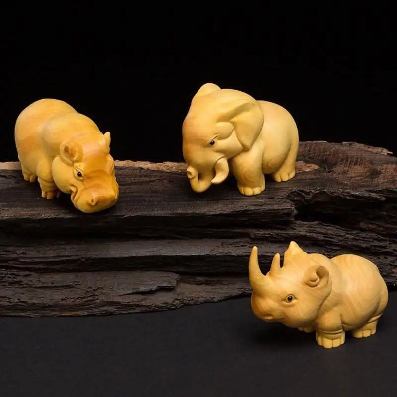1/3pcs Manual Wood Carving Wooden Product Rhino Hippo Elephant Room Home Decor Car Ornaments Decoration Sculptures & Figurines