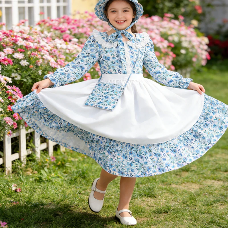 Carnival Girls Birthday Dress White Costume Garden Maid Dress+Cap Vintage Dress Cosplay Costume Prairie Pioneer Princess Dress