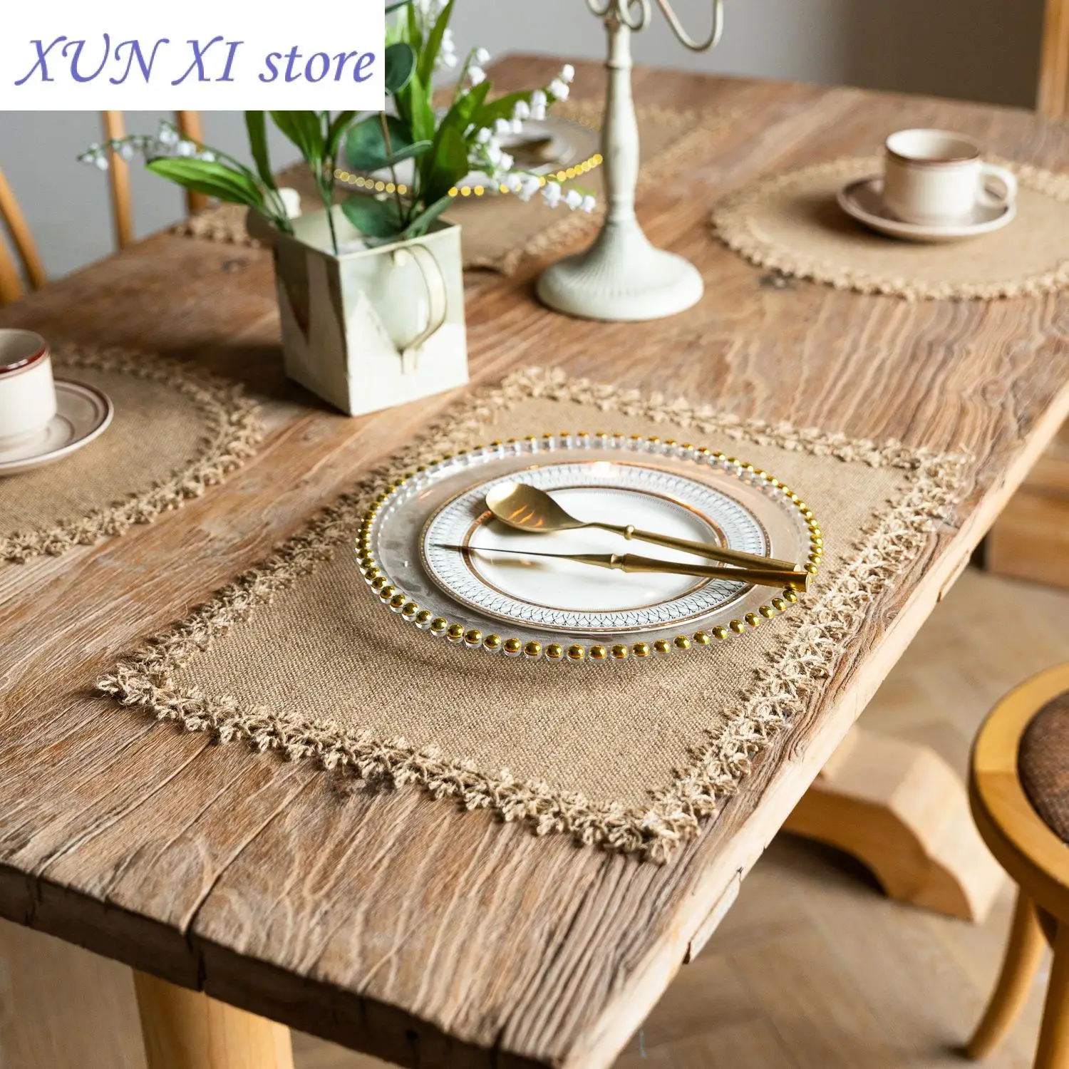 

New 4PCS Vintage Farmhouse Tabletop Place Mat Natural Burlap Table Mat with Jute Lace Hallway for Wedding Parties Everyday Decor