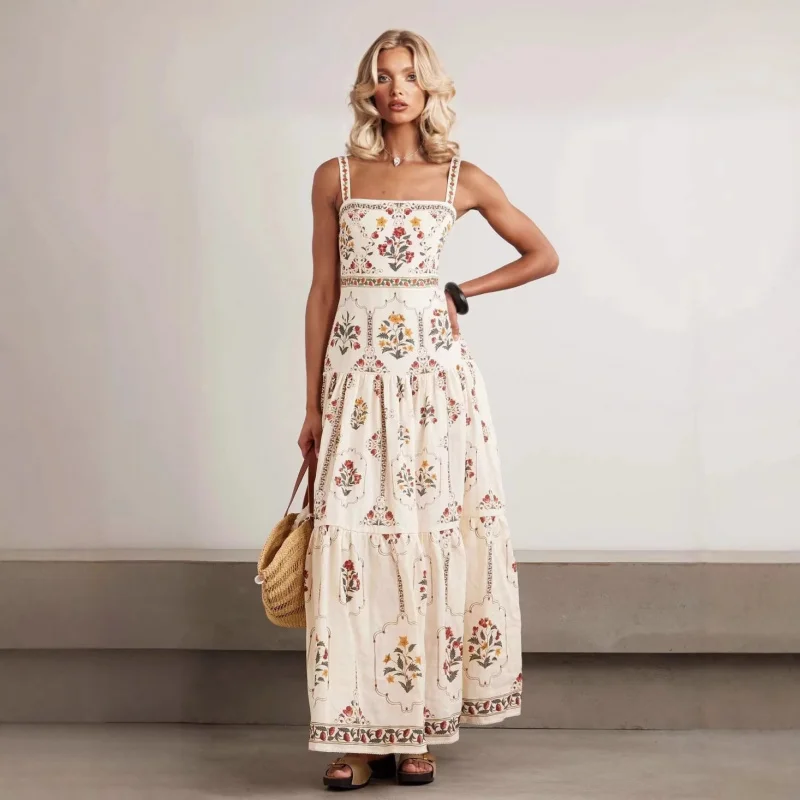 

Women 100% Cotton Long Dress Flower Print Sling Robe Beaded Embroidery Square Collar Sleeveless High Waist Beach Party Dress