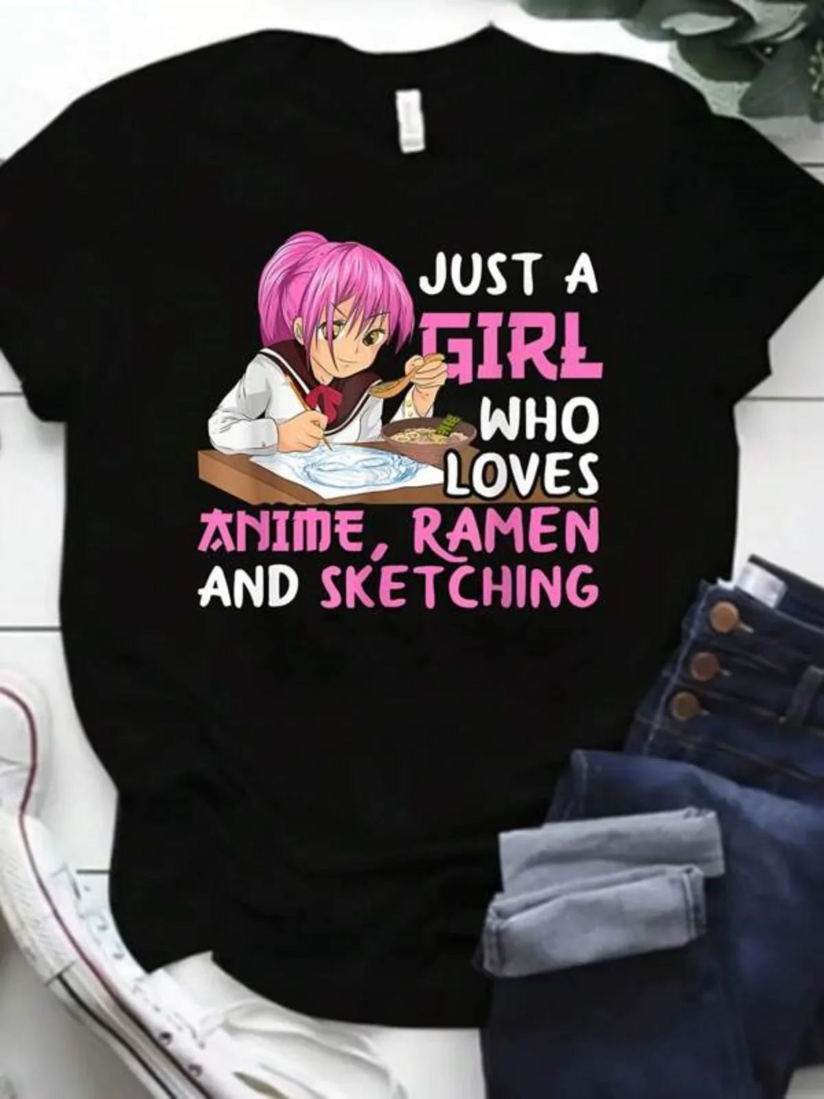 Koszulka z okrągłym dekoltem z nadrukiem anime i alfabetu, wiosna/lato, 180g poliester, codzienna koszulka z krótkim rękawem, odzież damska