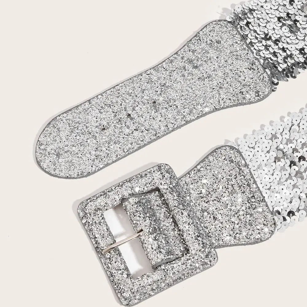Metal Square Buckle Blingbling Sequin Cummerbunds Waist Closure Korean Style Elastic Cummerbunds Suit Decorative