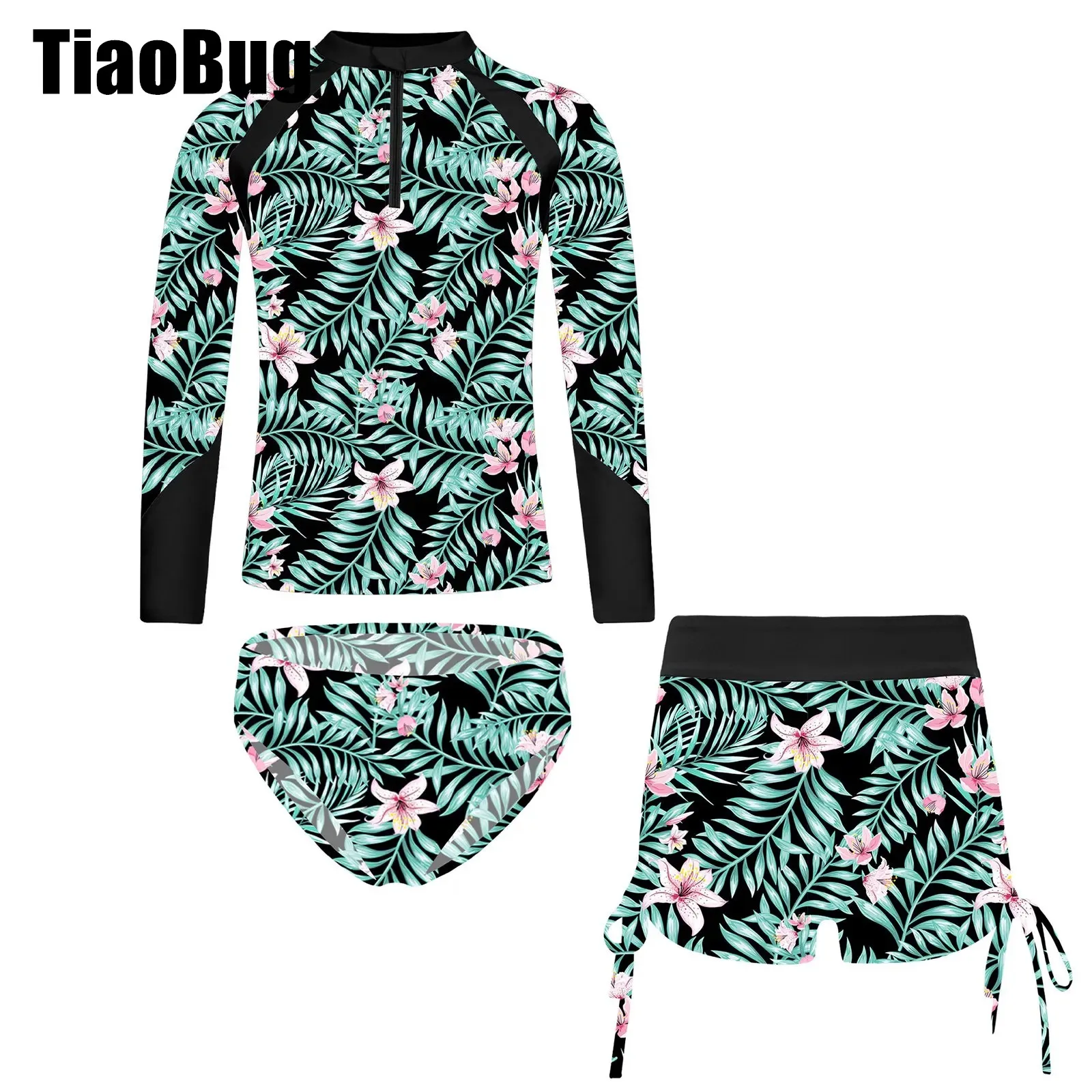 

Floral Print Beach Bathing Suit for Kids Girl Swimsuit Long Sleeve Swim Top with Drawstring Swim Shorts And Swim Bottom Set