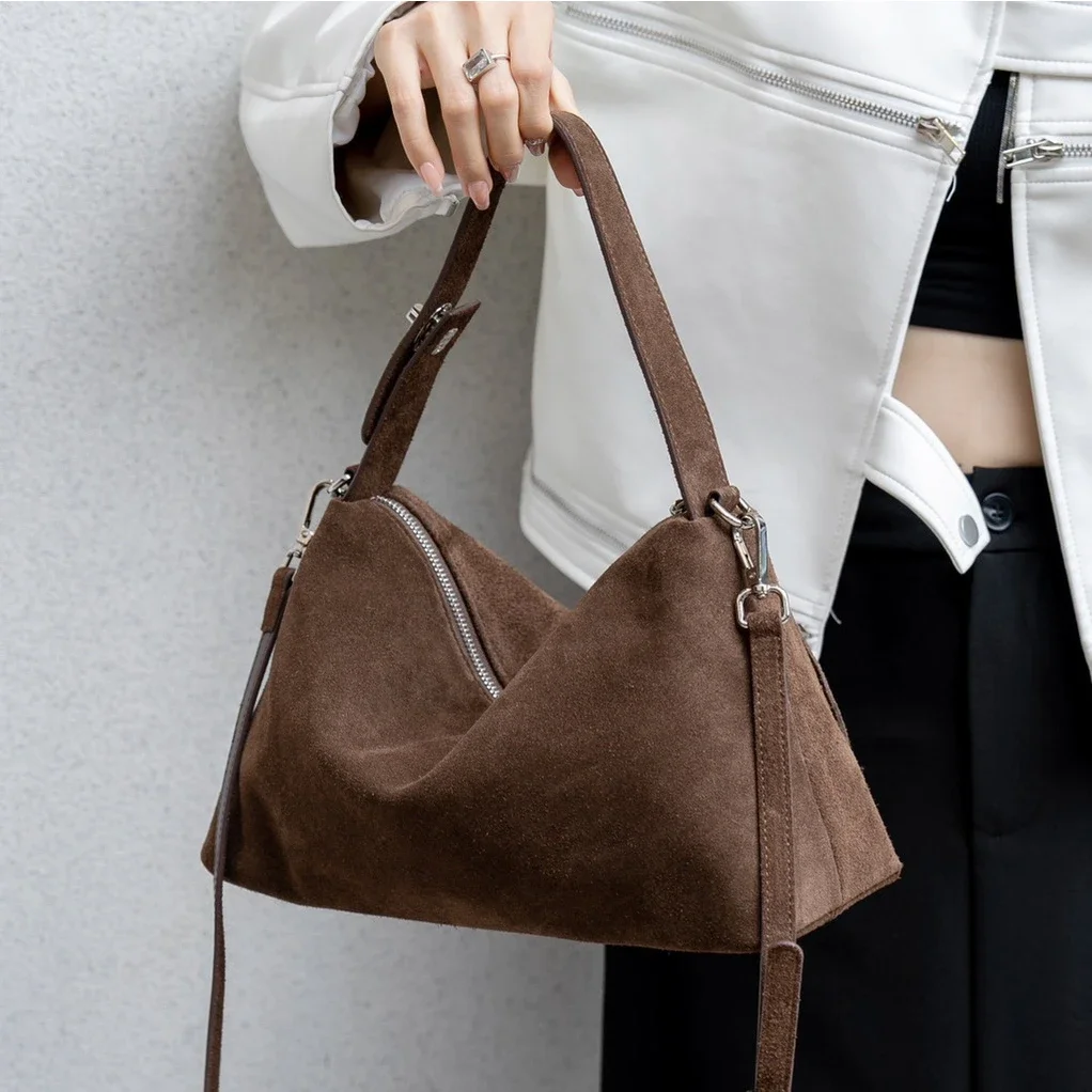 

Soft Matte Suede Women's Handbag Autumn Cowhide Shoulder Crossbody Bag Simple Leather Colletion Grey Brown Tote New for Winter