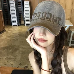 Washed alphabet baseball cap women's retro big head circumference cap showing face small wide brim soft top hat