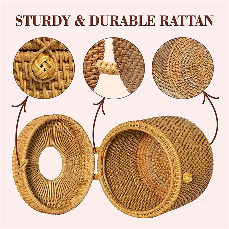 A23E-2Pcs Rattan Tissue Box Toilet Paper Cover Wicker Decorative Holders With Lid For Storage Single Roll And Tissues