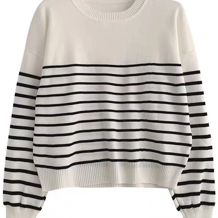 Stripe O-neck Women\'s Knitted Sweater T-shirt Tops Long Sleeved Loose Fitting Versatile High Quality Knitwear Youth Elegant