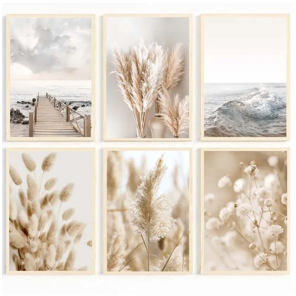 2026 Sea Lake Bridge Canvas Painting Autumn Scenery Beach Poster Beige Leaf Reed Wall Art Print Nordic Wall Pictures Home Decor