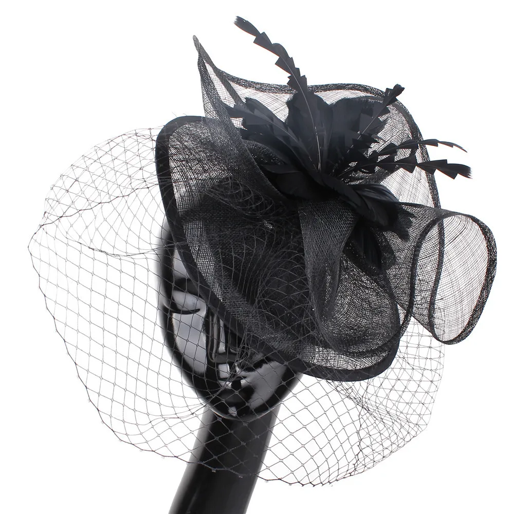 

Ladies Black Fascinator Hat with Veil，Sinamay Funeral Cocktail Tea Party Church Feather Headwear