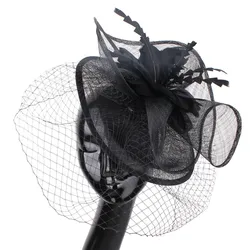 Ladies Black Fascinator Hat with Veil,Sinamay Funeral Cocktail Tea Party Church Feather Headwear
