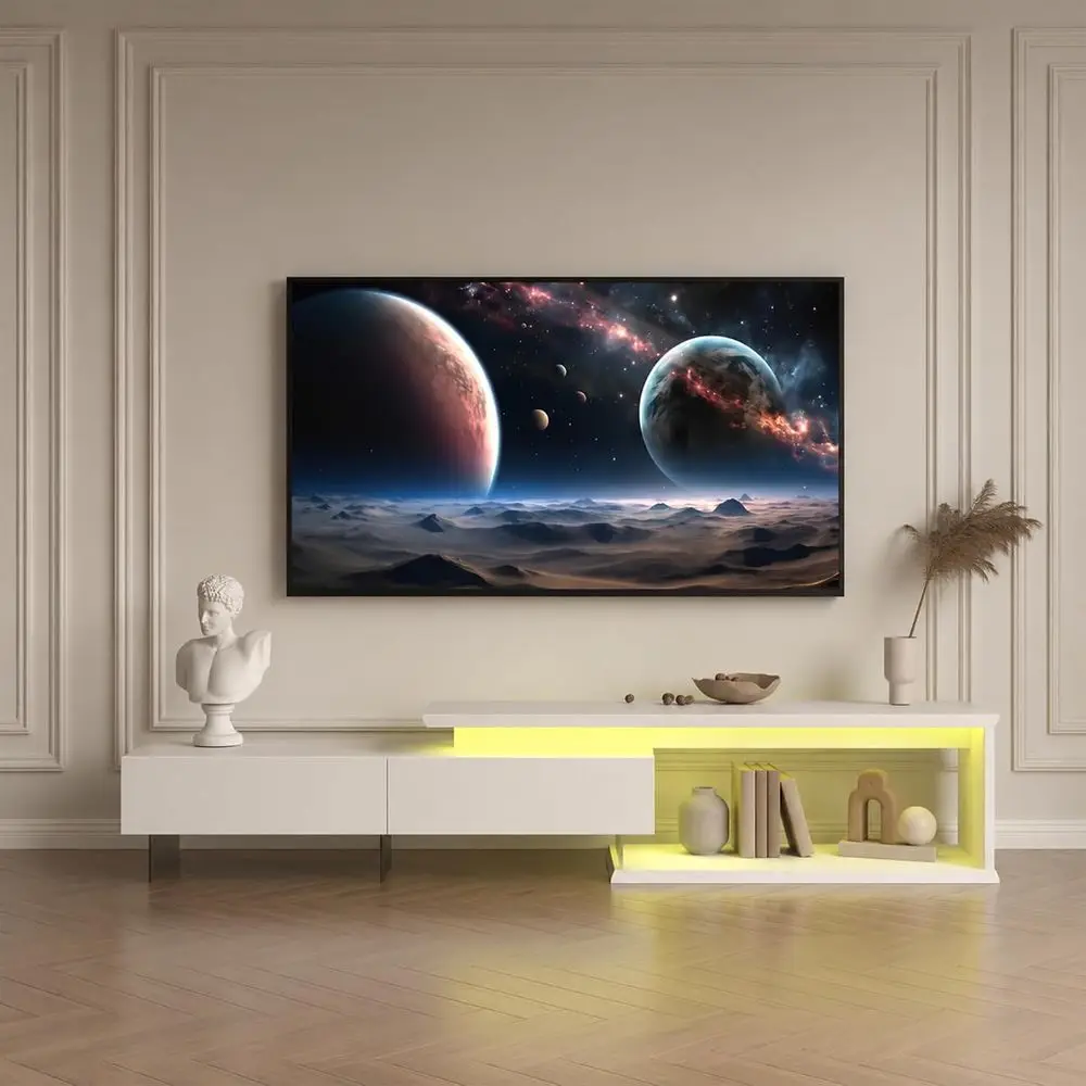 Exble LED TV Stand or 65 75 85 Inch TV, Relie Surace Entertainment Center with Light String Equipped with Two Pull-Down Door, 60
