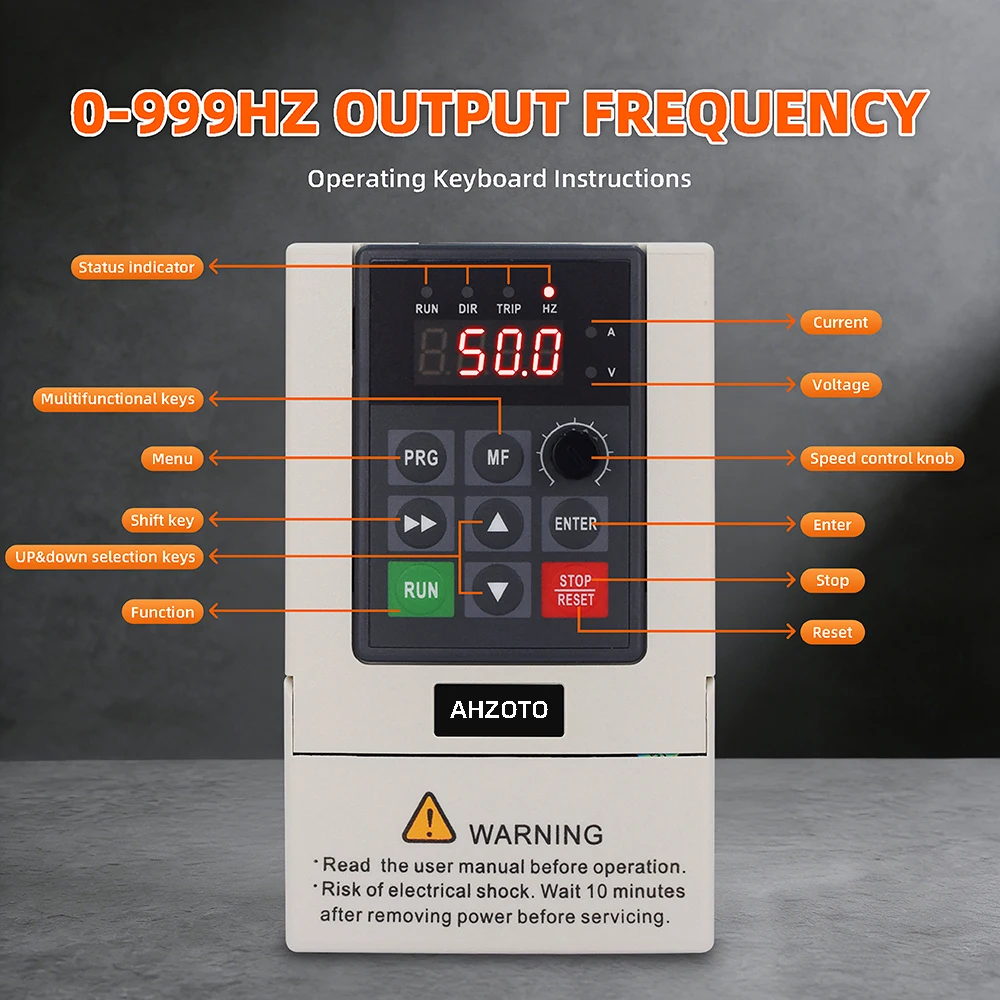 Ahzoto VFD 0.75/1.5/2.2kW 1 Phase 220V Input to 1 Phase 220V Output 0-999Hz Variable Frequency Drive Inverter with 2m Cable