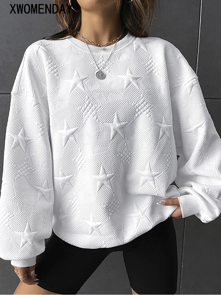 

Women Sweatshirts Star Long Sleeve Tops Fashion Round Neck Pullovers Loose Black New Sweatshirt Autumn Youthful Woman Clothes