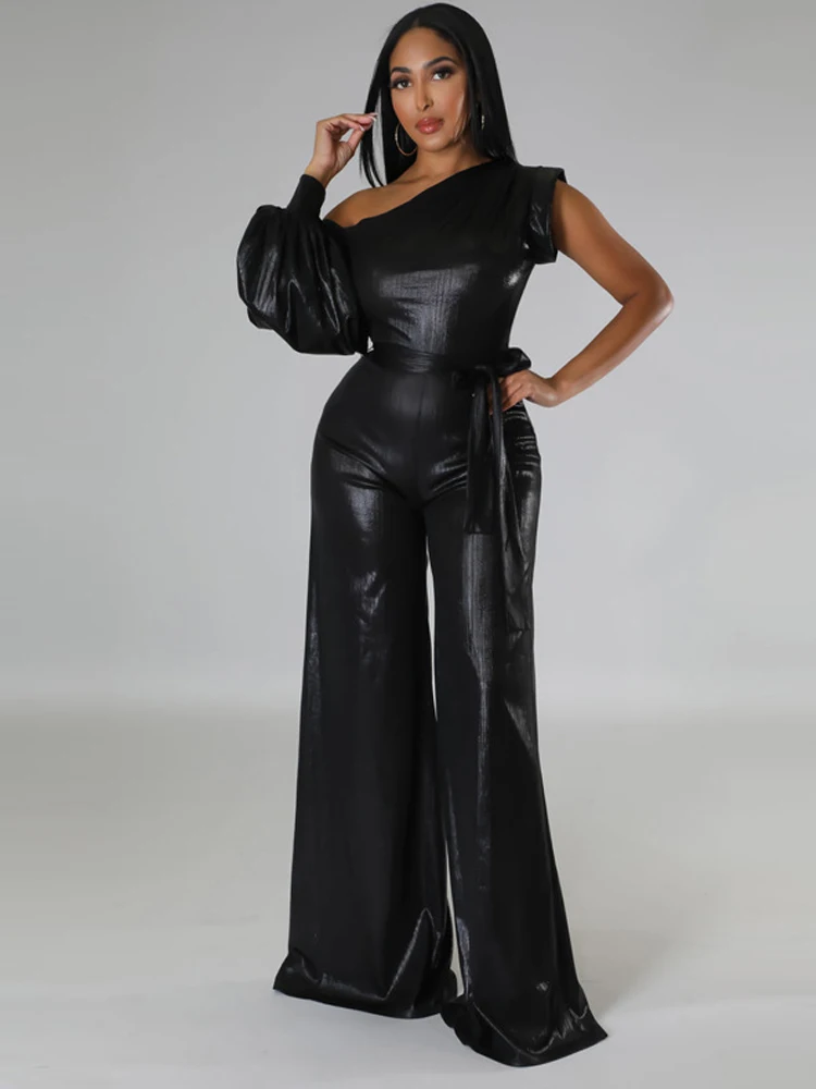 2024 New Luxury Wide Leg Pants Sexy Black Women\'s Loose Shoulder Sleeves High Waist Jumpsuit Fashion Club Evening Dress Clothing