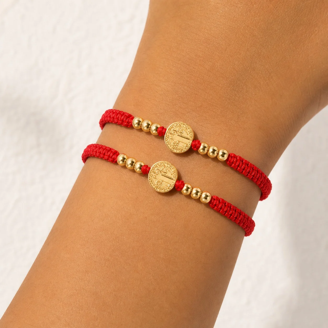 2pcs Adjustable Red Cord Beaded Bracelet with Gold Color Cross Medal, Copper Catholic Style Tie Bracelet for Women Men
