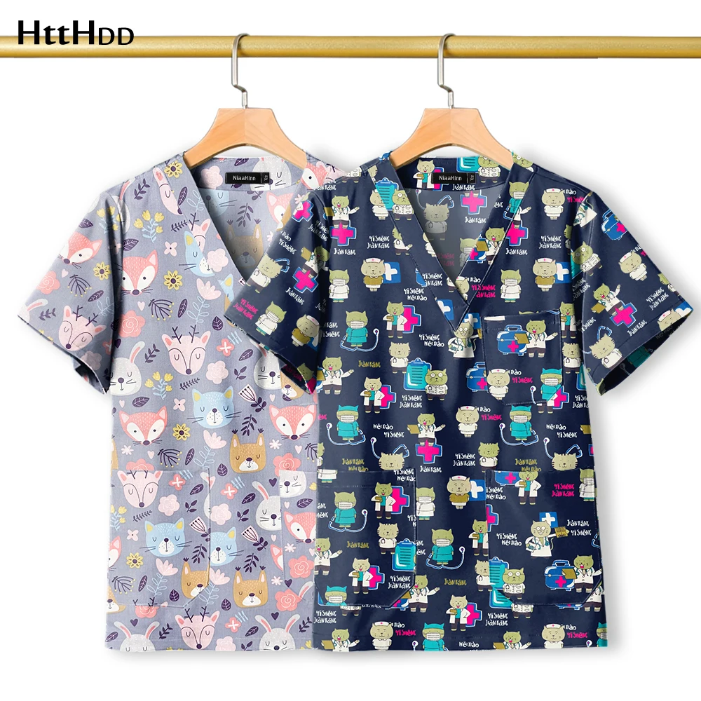 

Veterinary Dentist Scrub Print Tops Breathable Nurse Uniform Cotton Surgical Gown Hospital Clinical Pet Clinic Pediatrics Jacket