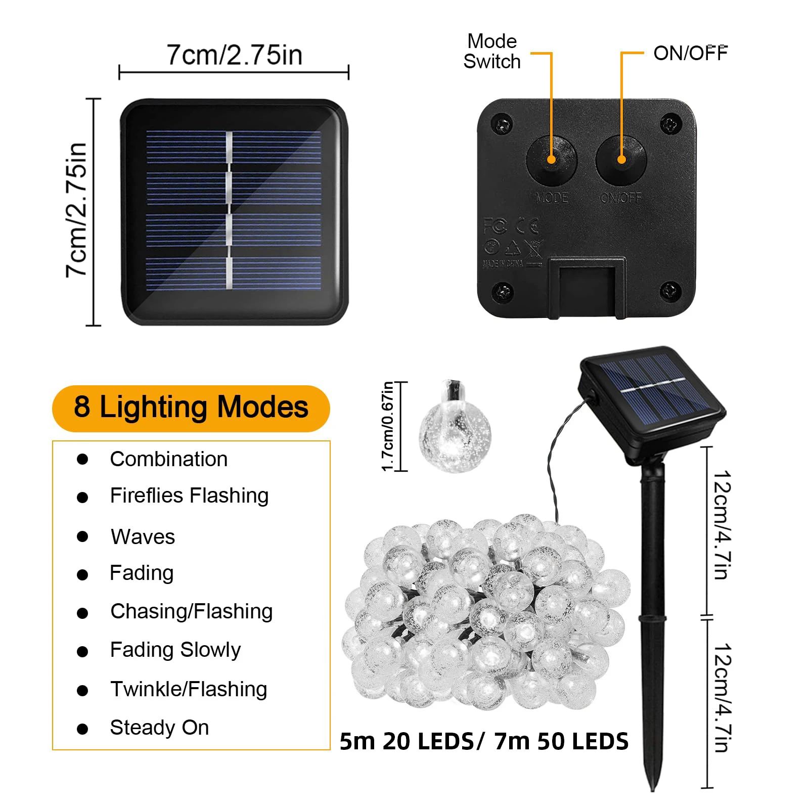 Solar Globe String Lights LED Solar Crystal 8 Modes Waterproof Crystal Ball Lights for Garden Home Balcony Christmas Decoration