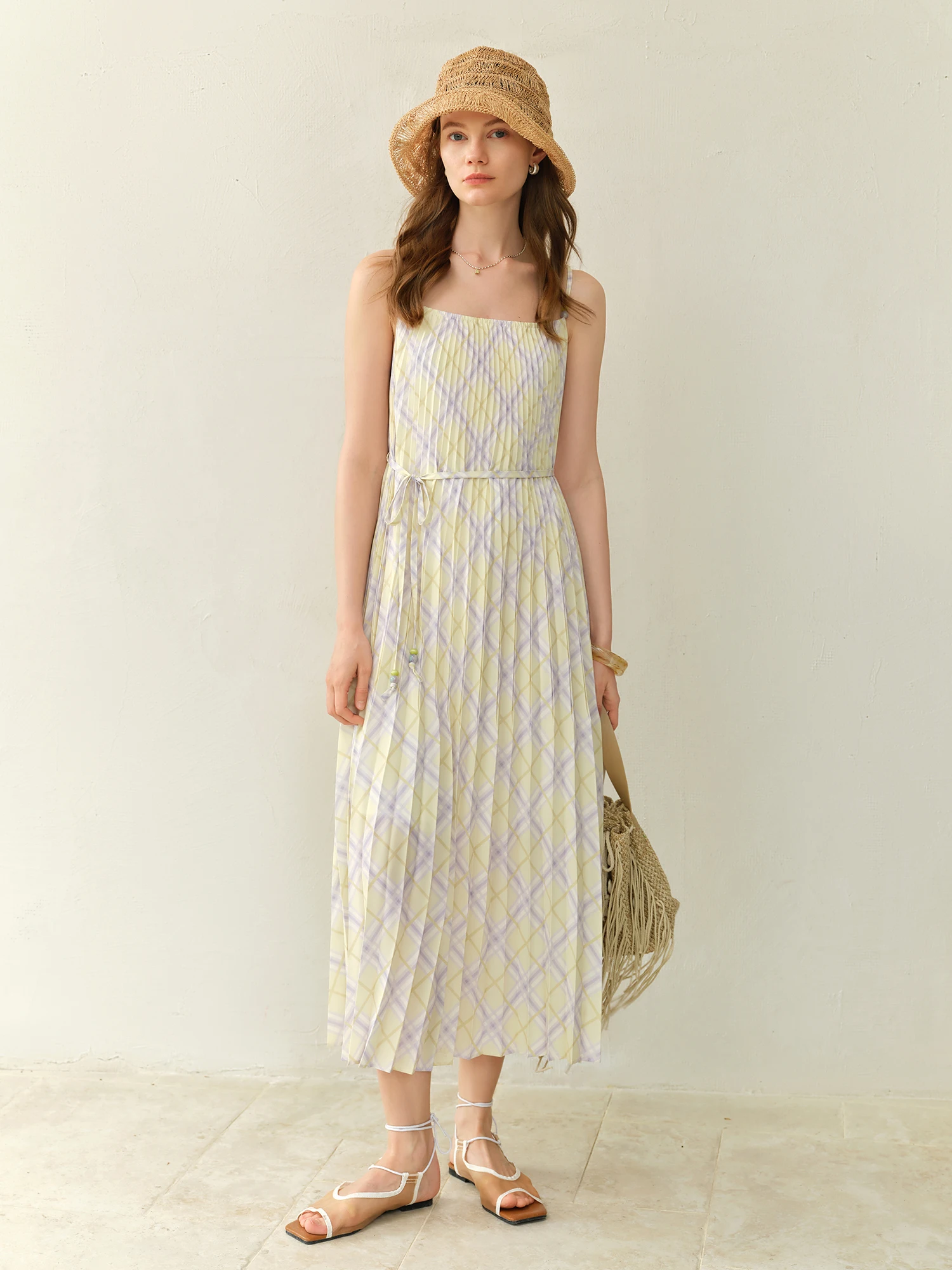 DUSHU 2025 Nuovo arrivo Abito da donna con cinturino a quadri a rombo taglie forti - Stile resort sulla spiaggia, perfetto per le ragazze curvy 25DS82406