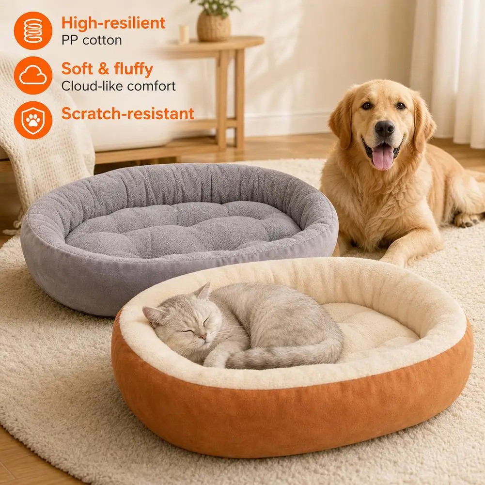 Dickes, warmes Plüsch-Haustierbett für Herbst und Winter, ganzjährig nutzbar, ovales Nest für kleine, mittelgroße und große Hunde und Katzen. – Detail 4
