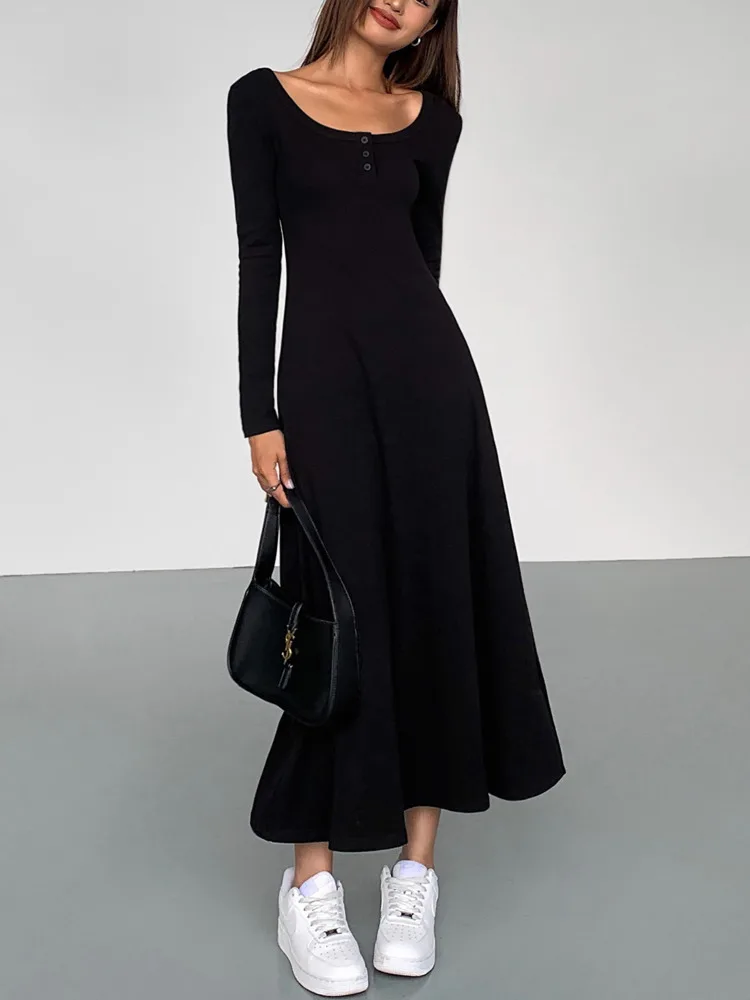 XIWEN Colletto Quadrato Pulsante Patchwork Hip Ordito Solido A Vita Alta Una Linea di Elegante Design Chic Vestito delle Donne 2024 Autunno Nuovo