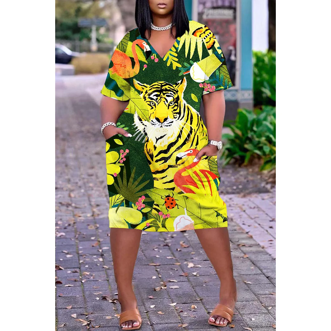 Natural Scenery Prints Women's Party Dresses Casual Women's Dress Vintage Print V-neck Short Sleeve Knee Length Dress
