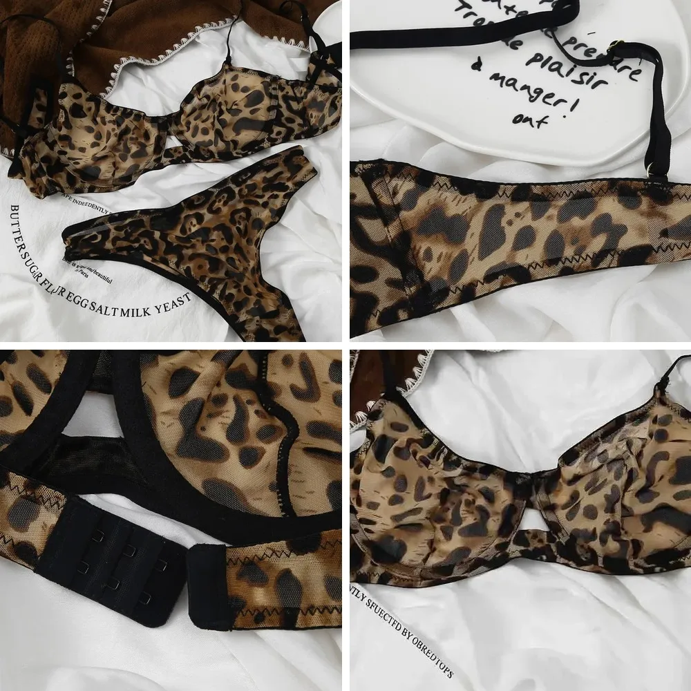 

Sexy Leopard Print Underwire Bra & Thong Set, Sheer Mesh Lingerie for Women, Large Size Bralette with Pants