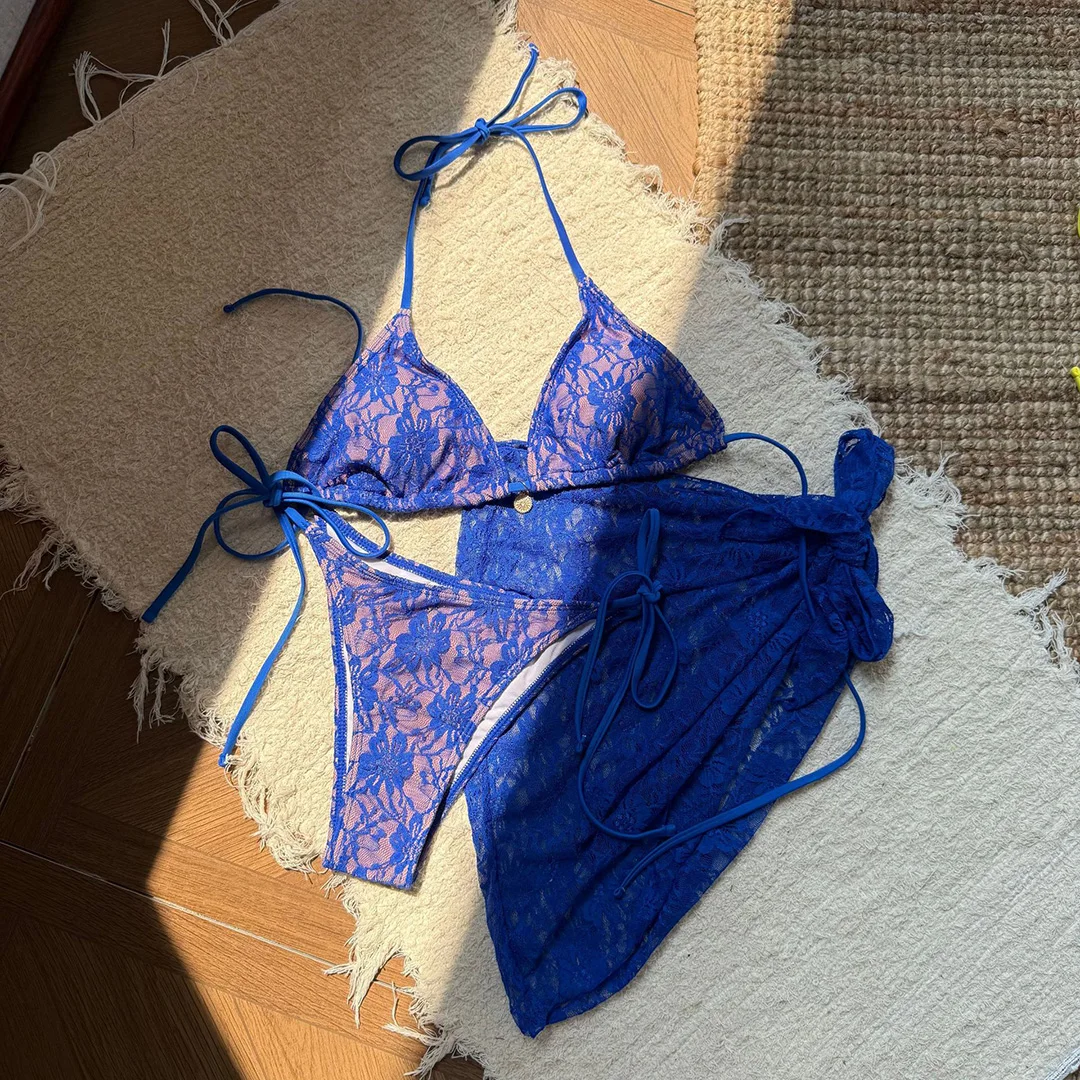 Netz-Sarong-Spitzen-Bikini mit Neckholder und hohem Beinausschnitt, Damen-Badeanzug, dreiteiliges Bikini-Set, Badebekleidung, Badeanzug, Schwimmanzug V6284H – Detail 21