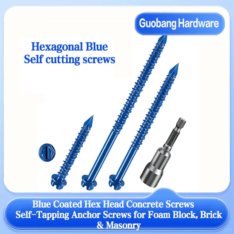 100pcs Concrete Screws Hex Head Blue Coated Self Tapping Anchor Screw for Brick Masonry Foam Block