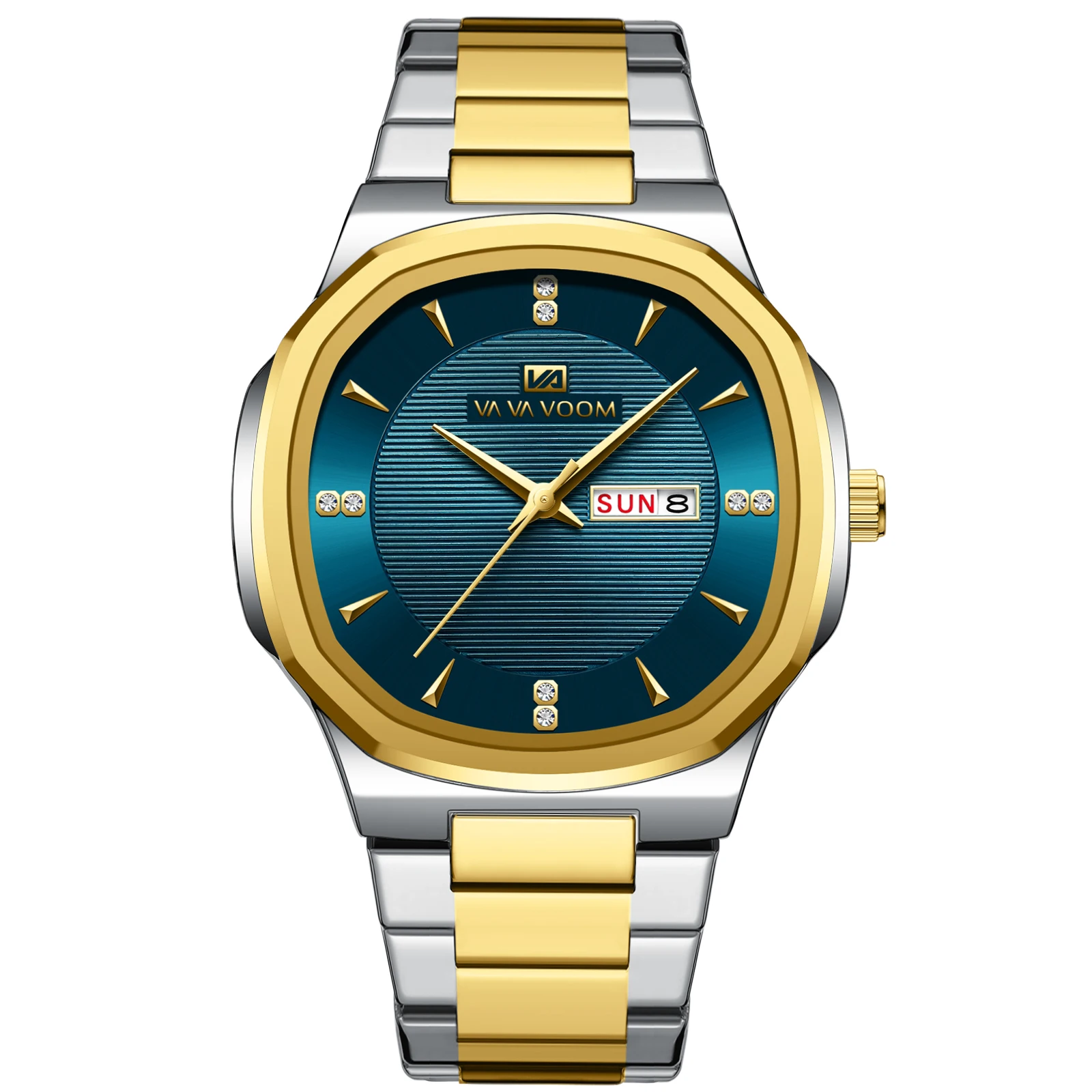 New Arrivals Luxury Diamond Mens Watch Top Brand Stainless Steel Date Week Dual Display Watches for Men Silver Gold Waterproof