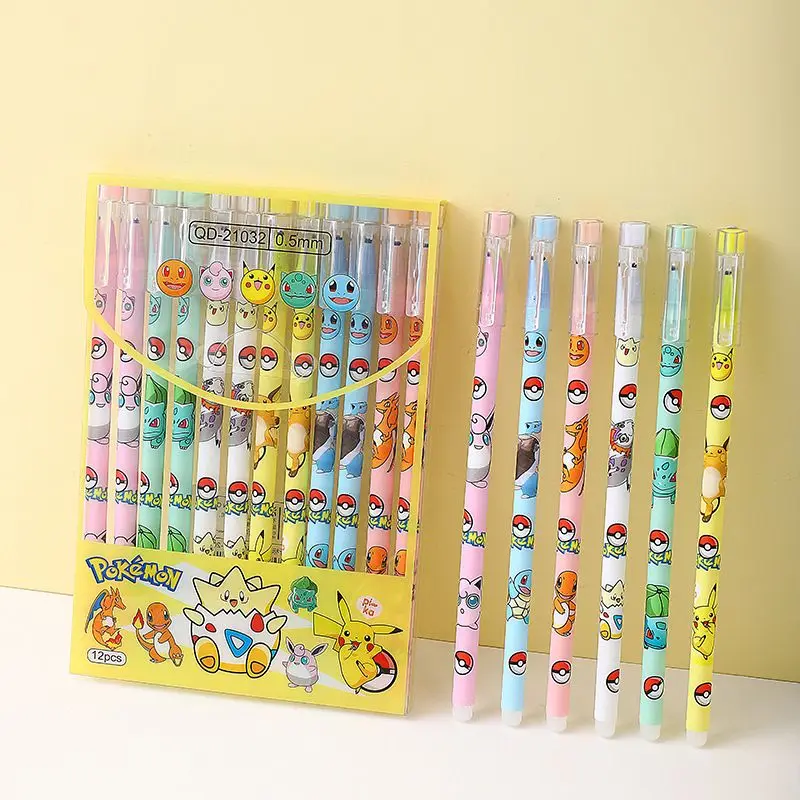12PCS Pikachu Penna Cancellabile Penne Gel Neutre Cartoon Nero Acqua Inchiostro 0.5mm Cute Anime Firma Penna di Cancelleria Studente Regalo