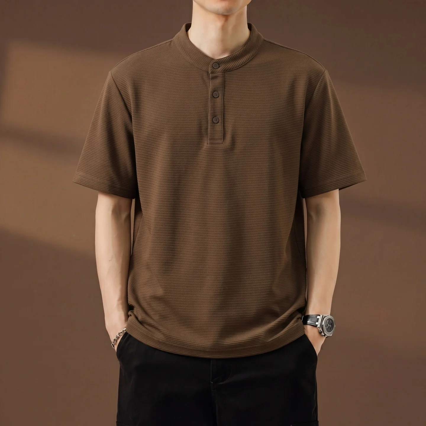 Summer Youth Men's Short-Sleeved T-Shirt with Standing Collar