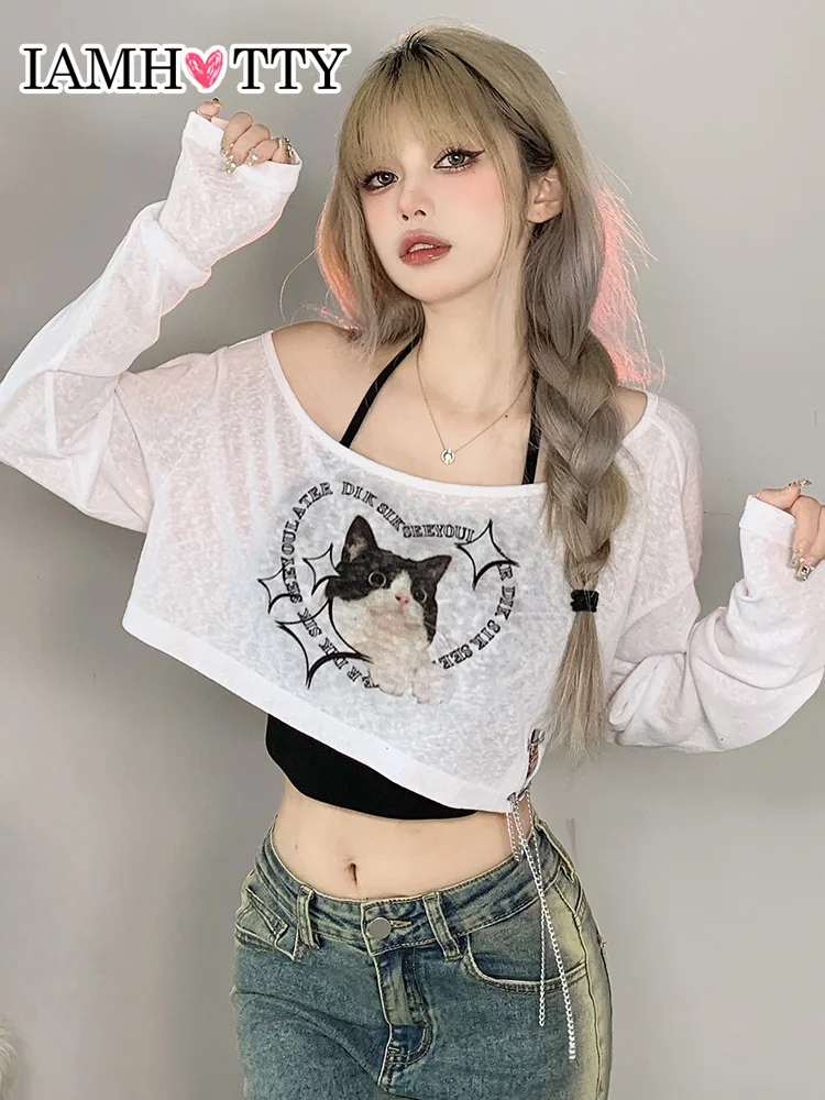 IAMHOTTY Cute Cat Print Knitted Cropped Top and Cami 2 Piece Set Women Korean Style Graphic Tee Kawaii Long Sleeve Tops White