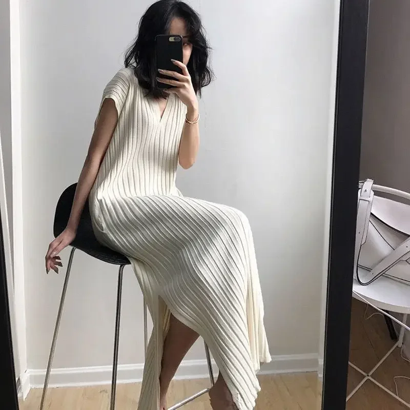 Spring and Summer Cheongsam Style Loose Knitting Dress Women V-neck Striped Ribbed Dresses Vestidos De Mujer Casual