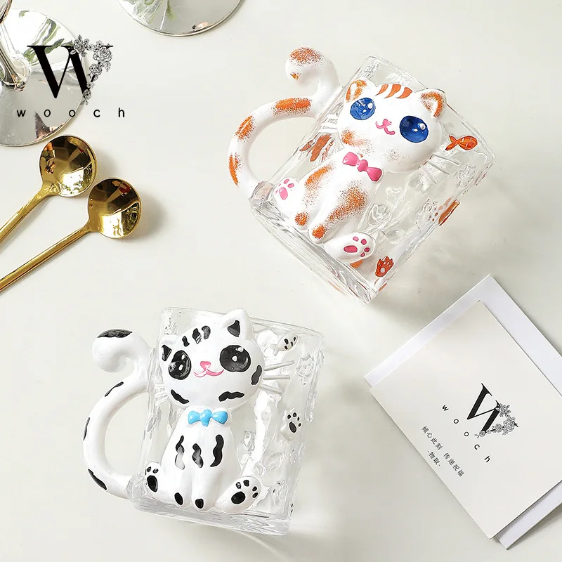 Hand-Painted Relief Glass Cup Cute Cat Girls Kids Milk Coffee Mug Couple Creative Cat Tail Handle Water Cup 300ML