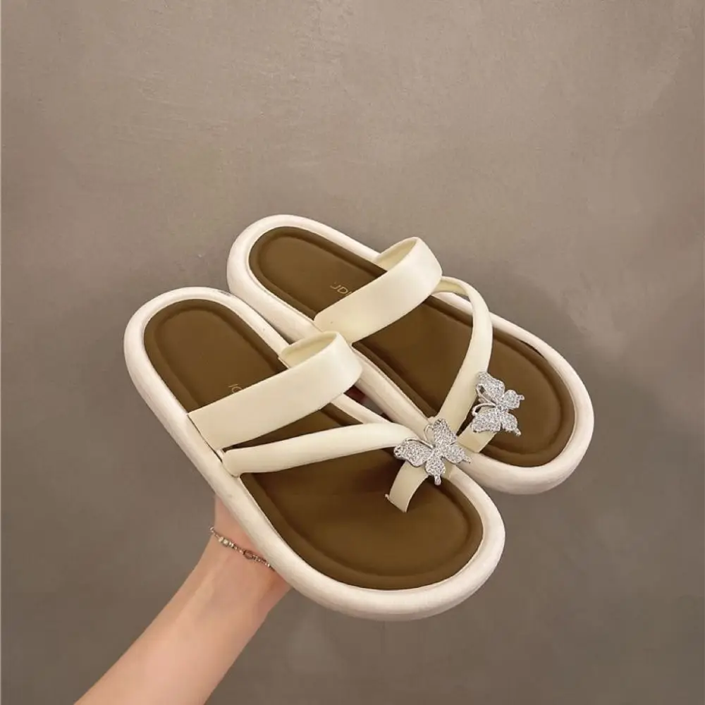 Comfortable Non-Slip Crystal Butterfly Flip Flops PVC Soft Sole Beach Toe Slippers Beachwear Shoes Flat Bottom Slippers Summer