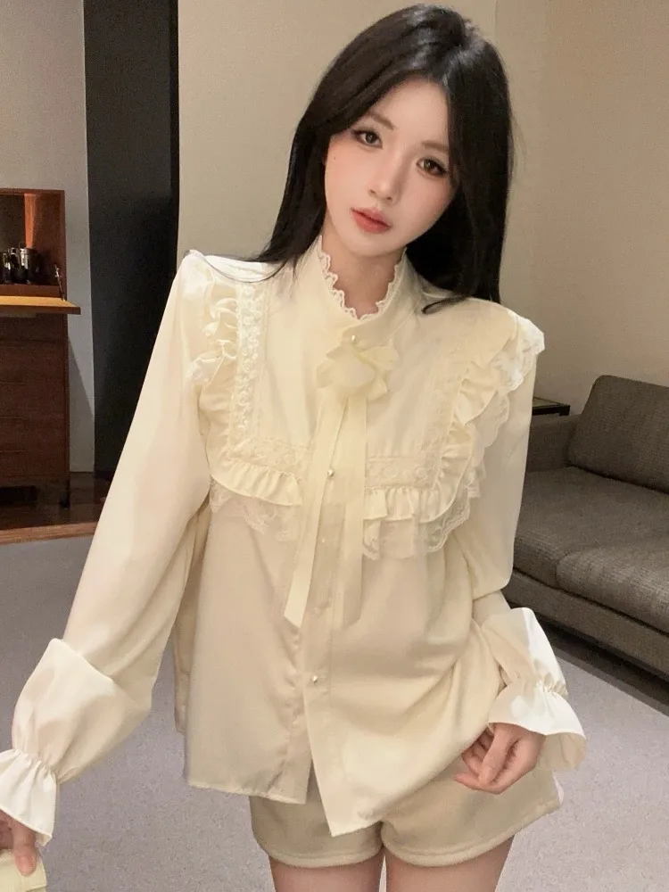 

Elegant Satin Stand Collar Bell Sleeve Shirt Women's Slimming Fashionable Spring Autumn Top French Style Splicing Iron Free