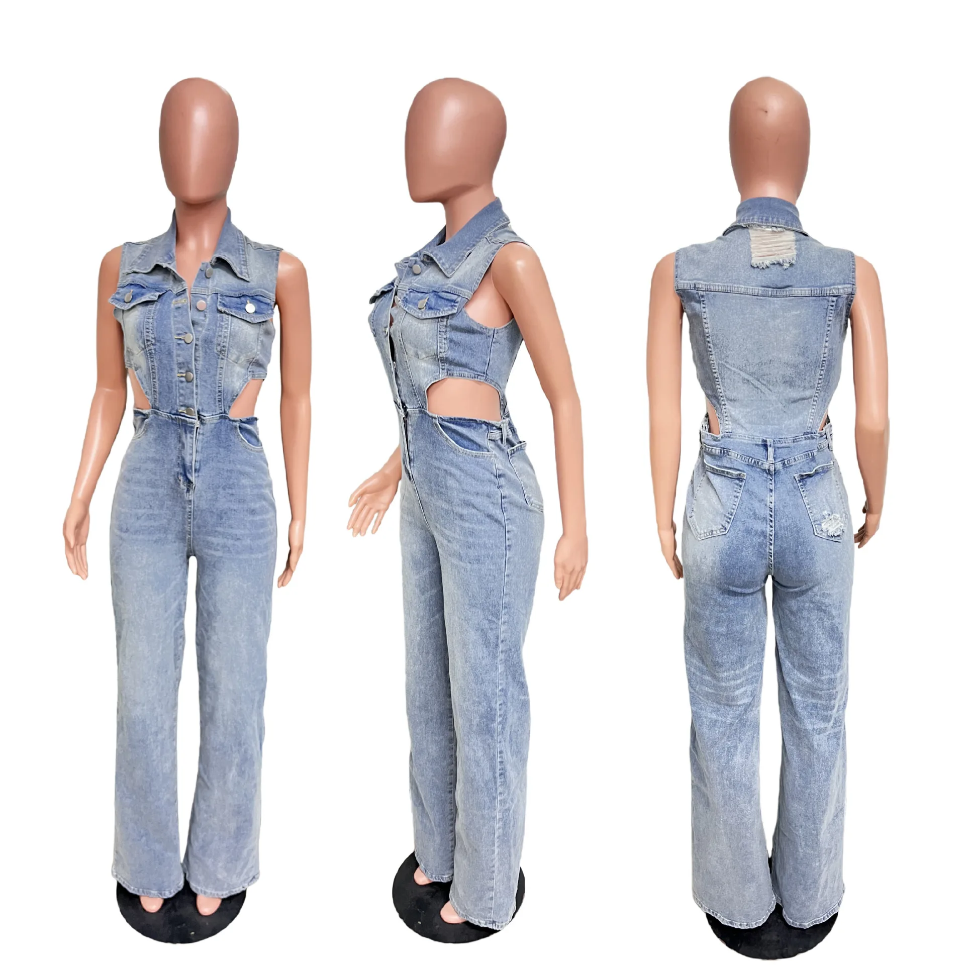 Tuta in denim con risvolto senza maniche dal design scavato sexy europeo americano. Tute a gamba dritta di nuova moda per donna primavera