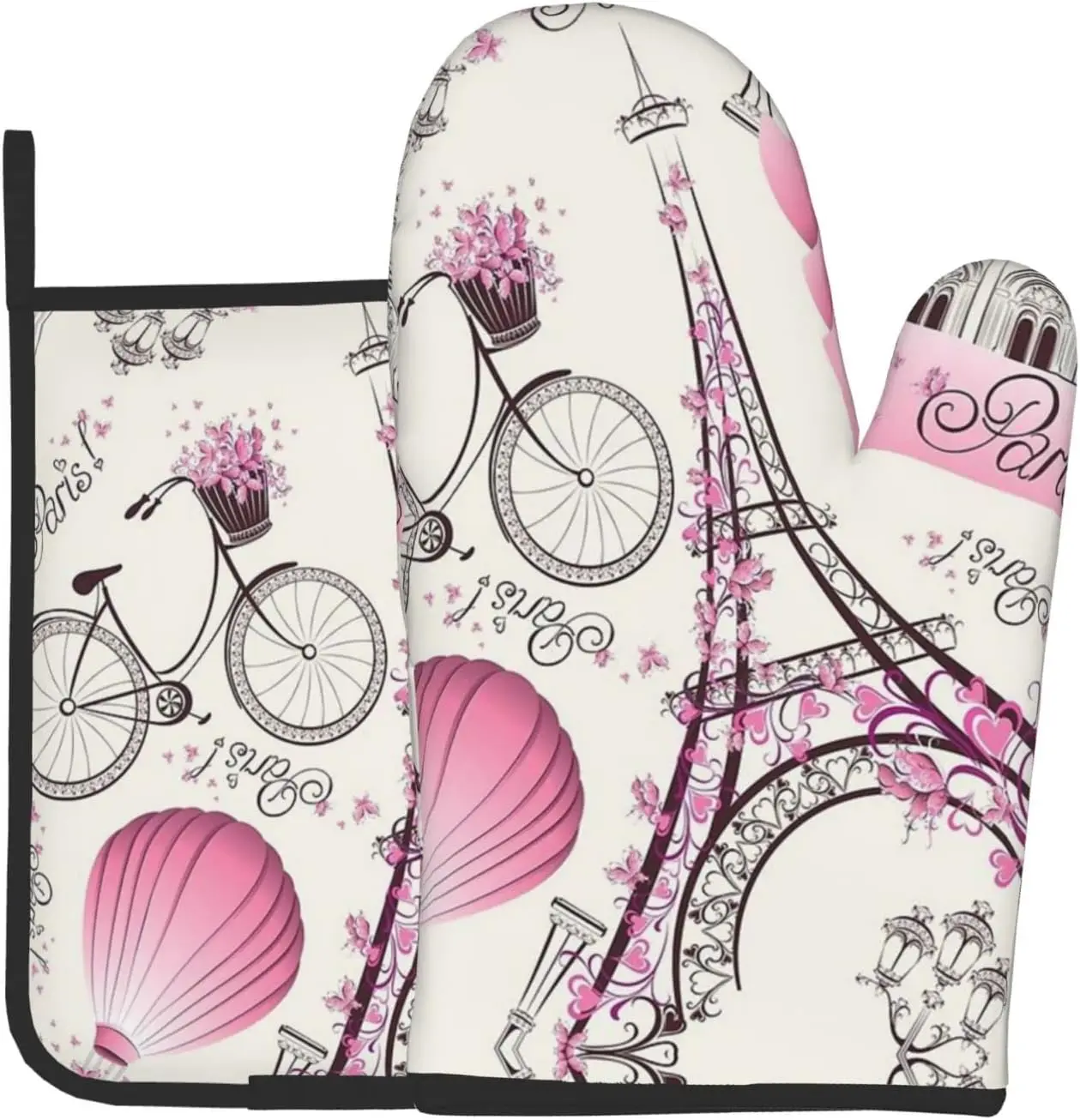 Paris Eiffel Tower Flower Oven Mitts and Pot Holders Sets of 2 Heat Resistant Kitchen Microwave Gloves Non-Slip Pot Pads