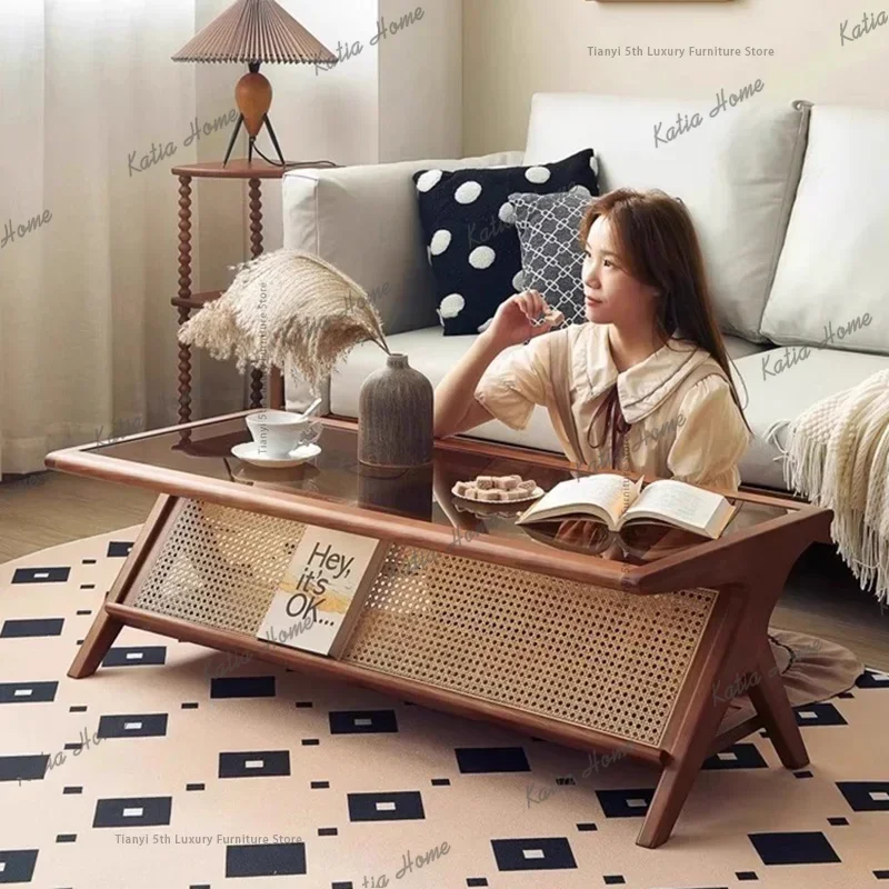 ld French Retro Coffee Table Solid Wood Rattan  Dining Table Glass Rectangular Simple Modern Living Room Furniture