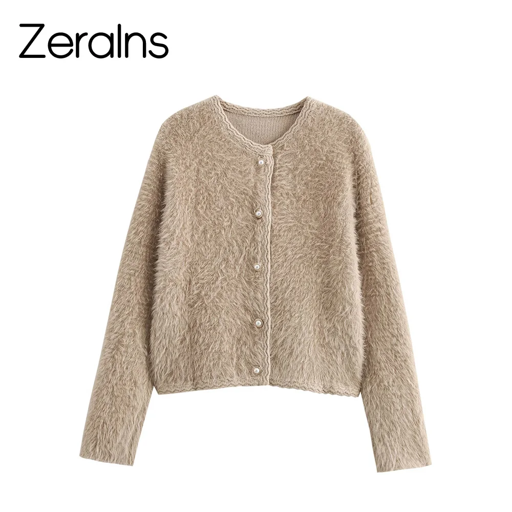 

ZERAINS New autumn and winter women's round neck long sleeved cardigan sweater with faux fur effect knitted short jacket