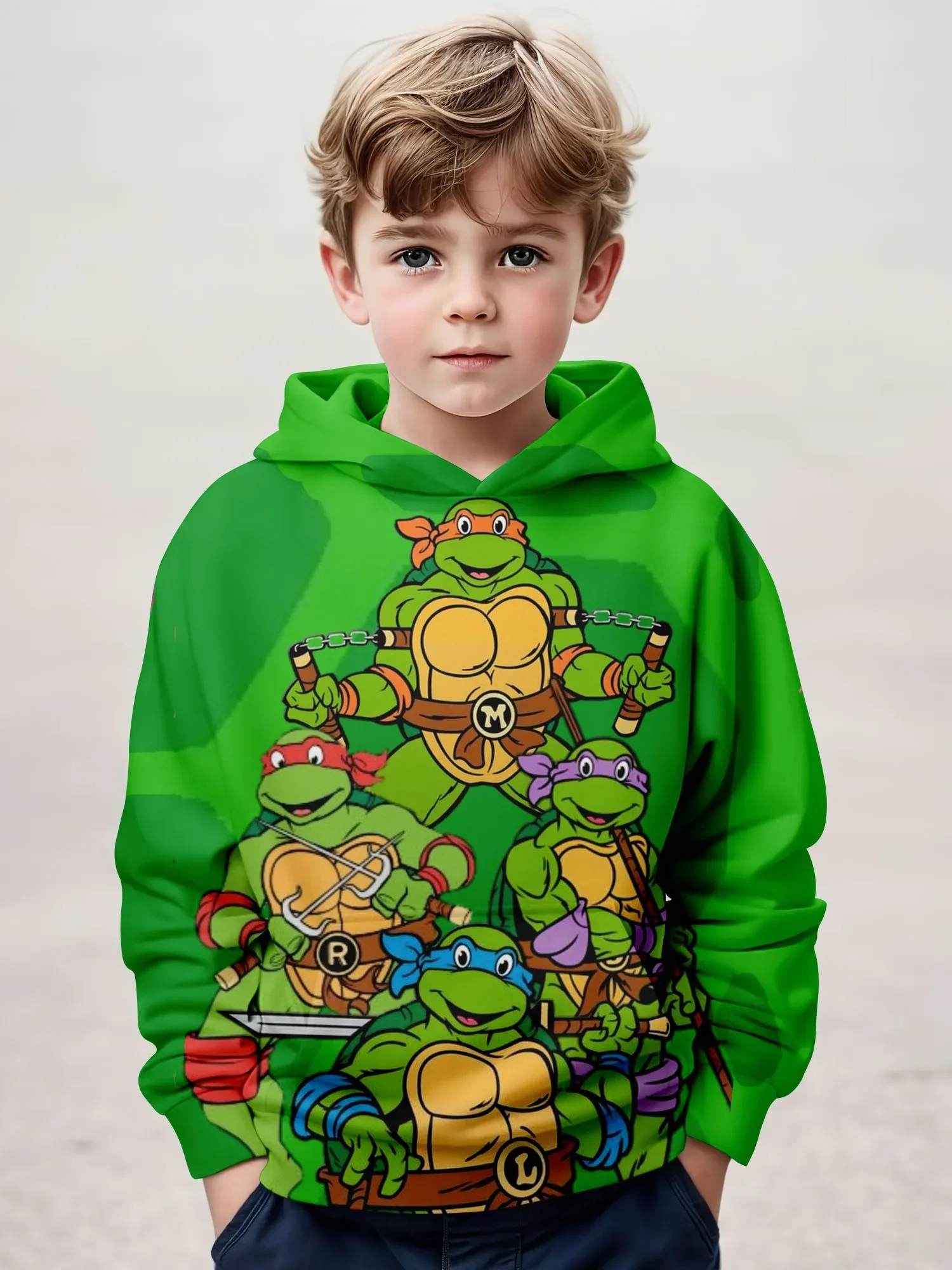 3D Printed Ninja Turtle Pattern Children's Long Sleeved Hooded Sweatshirt With Pockets for Boys' Outdoor Sports and Leisure Top