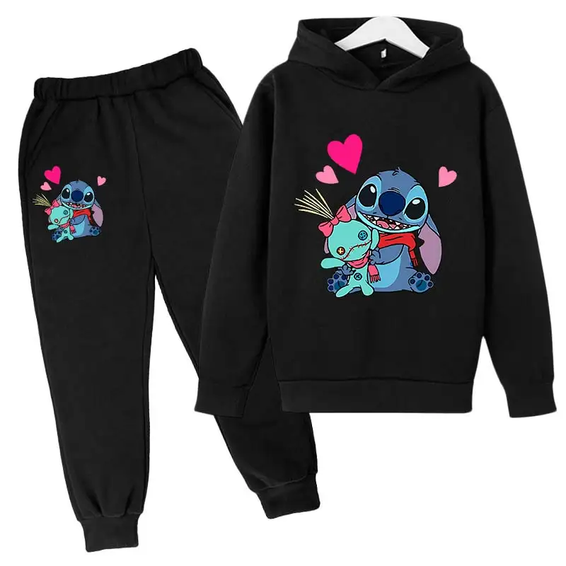 Children Cartoon Stitch Hoodies Tops +Pants Sets Sweatshirt Clothes Boys Girls 3-12 Years Kids Stitch Hoodies Leisure Coat