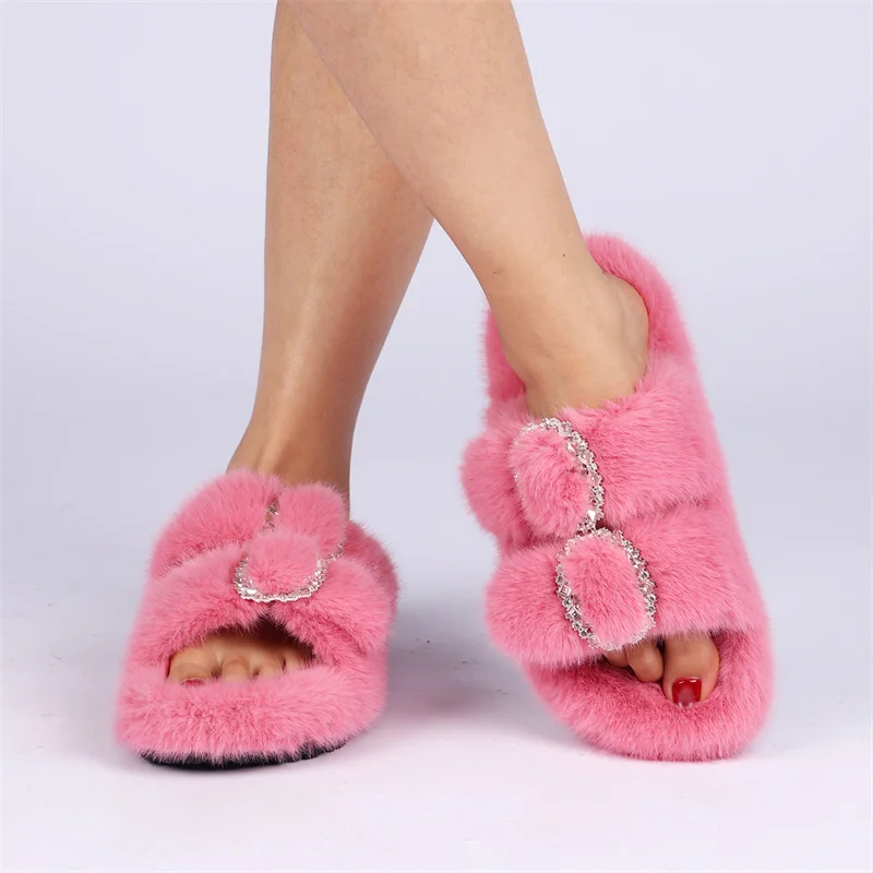 المرأة شبشب شتوي عدم الانزلاق في الهواء الطلق داخلي أحذية منزلية أفخم المنك فو الفراء الدافئة غامض النعال الراحة فروي البغال النعال