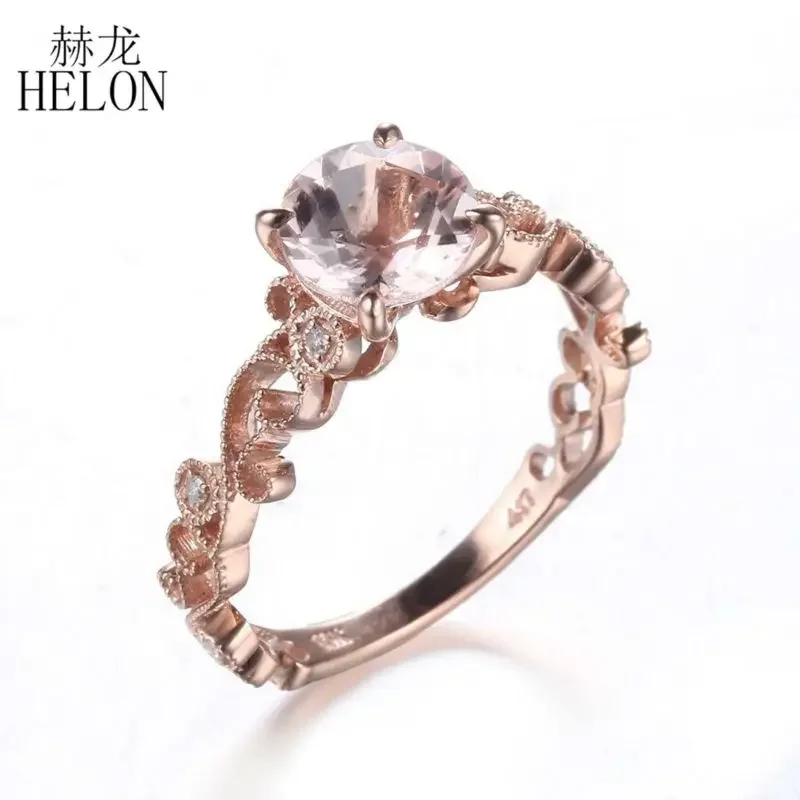 HELON Solid 14K Rose Gold Round 7mm Natural Morganite Diamonds Engagement Ring Women Wedding Vintage Antique Fine Jewelry